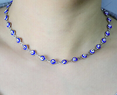 Satellite Chain Necklace with Blue Enamel Beads Rhodium on Silver Satellite Chain Necklace with Blue Enamel Beads Rhodium on Silver
