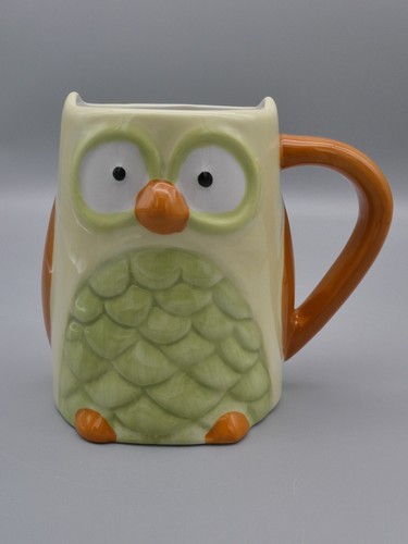 3D Hoot Owl Bird Shaped Coffee Cup Mugs Figural Bas-Relief Gray Yellow PAIR 14oz - Picture 4 of 14