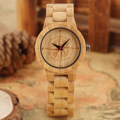 Moderne Damen Bambus Armbanduhr Quarz Analog Uhrwerk Kompass Zifferblatt Uhr