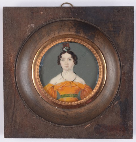 "Portrait of a lady in orange dress", German miniature, 1825/30 - Picture 1 of 6