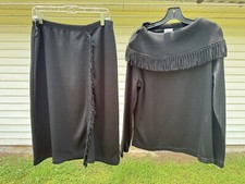 Vintage 80s Dorby Medium Black Sweater Skirt Set with Fringe Excellent
