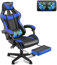 Blue Gaming Chair with Footrest, High Back Office Chair with Massage Lumbar