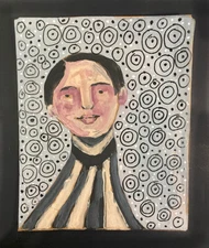 Original Outsider Art Boy Naive Primitive Portrait Painting Spirals B&W Wall Art