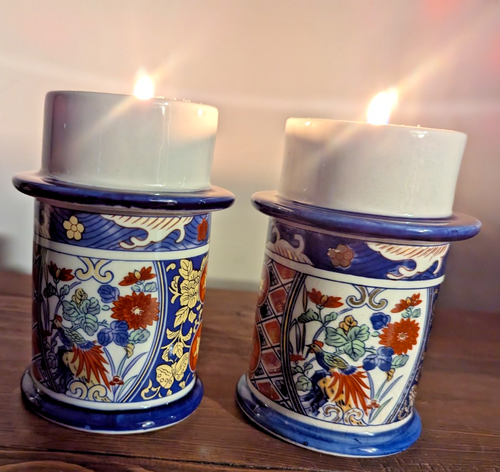 Vtg Heavy Porcelain Japanese Flowers & Birds Holder for Votive or Taper Set of 2 - Picture 3 of 11