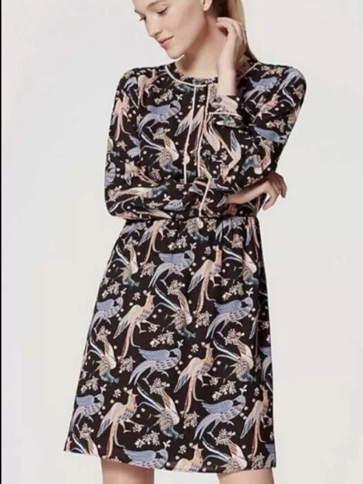 LOFT Womens 4 Petite Snow Bird Print Long Sleeve Dress Crew Neck - Image 2 of 4