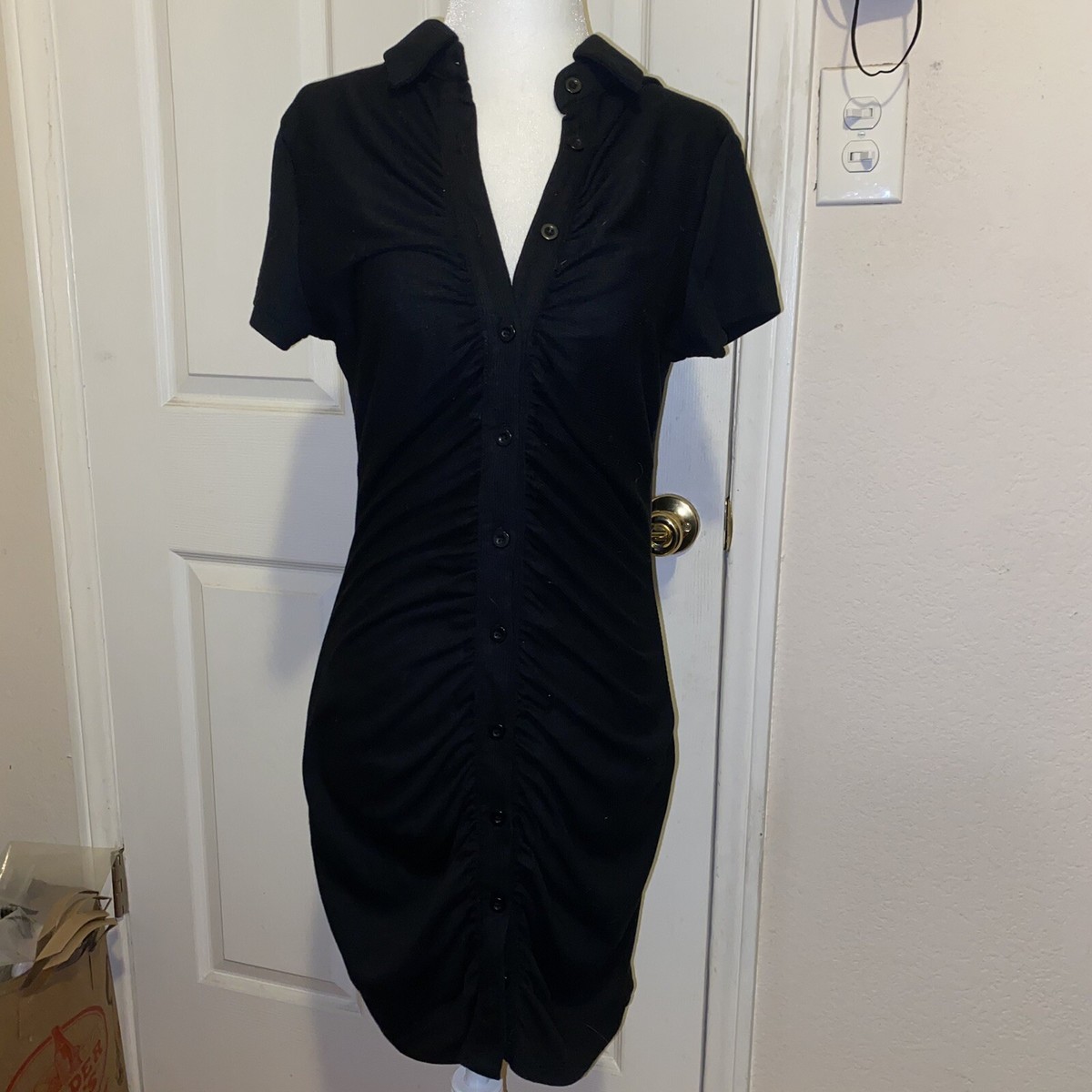 black ruched button up dress Long Sleeve Button Down Ruched Shirt Dress In Black
