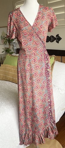 Cienna Chey Maxi True Wrap Dress S Silk Blend Boho Ruffle Floral Pink Red