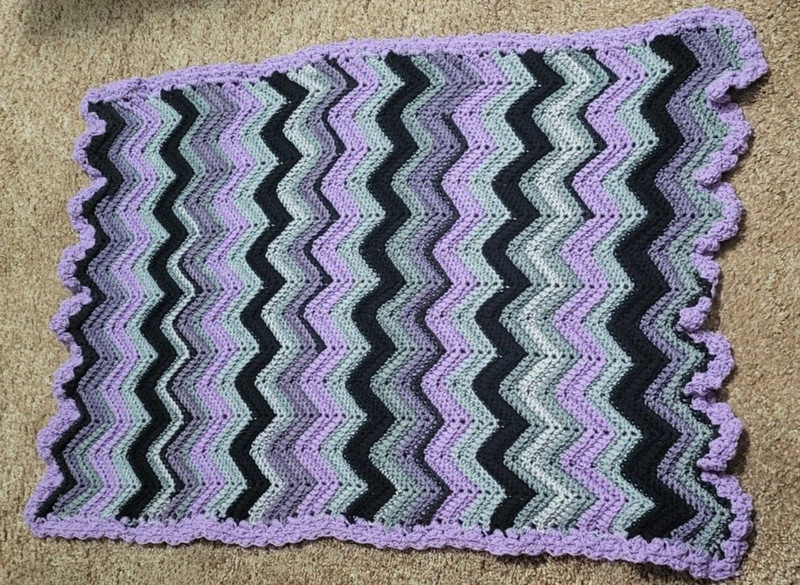 JUST MADE : Hand Crochet  Afghan / Purple Grey Black. 29 X 42