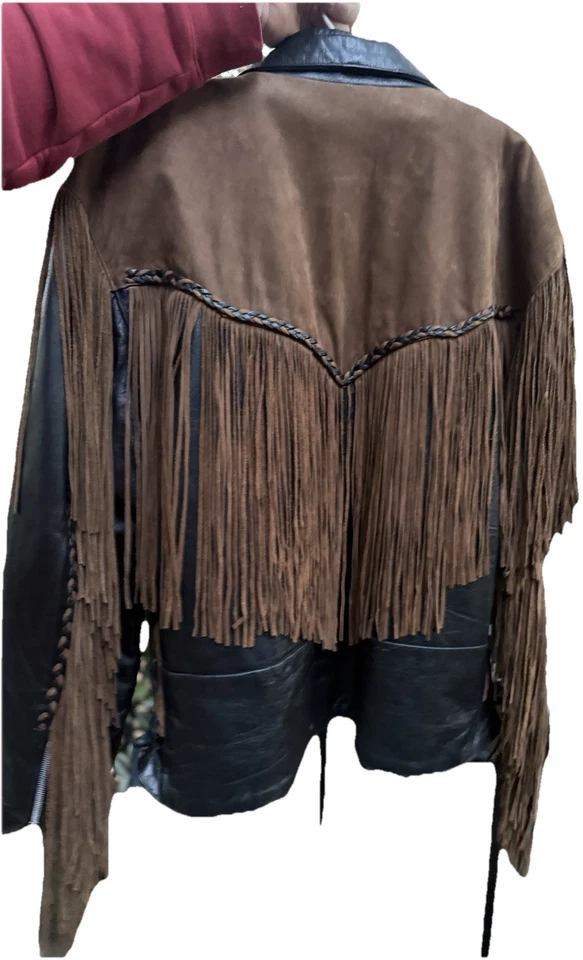 Chaqueta Galería Cuero De Colección XXL Negra Marrón Gamuza Flecos Motociclista Western Foto 2 de 4