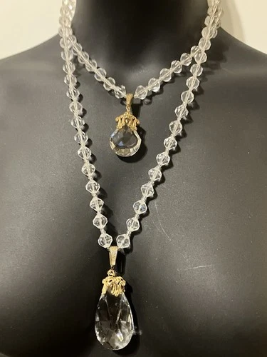 Signed Miriam Haskell 2 Large Glass Crystal Pendants & Lucite Beads Necklace