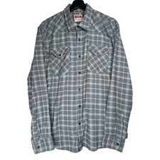Wrangler Mens Blue Gray Plaid Western Pearl Snap Long Sleeve Shirt Large