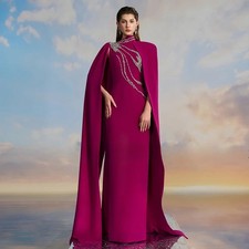 Luxury Prom Dress High Neck Cape Bead Stones Straight Floor Length Evening Gown