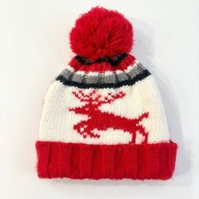 Fair Isle Reindeer Knit Hat with Pom Pom Red  White Winter Kids Beanie