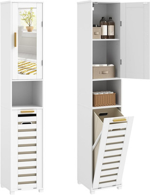 Tall Bathroom Storage Cabinet with Mirror and Hidden Basket, Freestanding Slim O