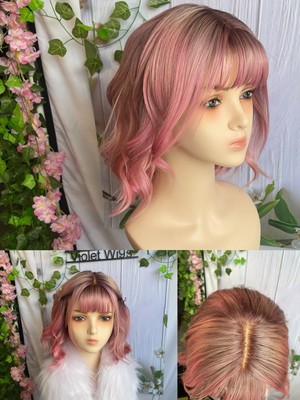 10'' Pastell Rosa Dunkler Wurzeln Ombre Gebleichte Knoten Echthaar Perücke