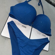 Victoria s Secret 38C Bombshell Plunge Swim Push Up Bikini Add 2 Cup Rhinestones