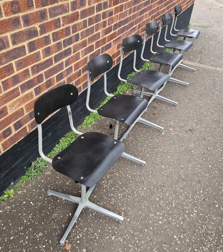 Vintage Industrial Tan-Sad factory /machinist chairs.SET OF 6 MATCHING CHAIRS.