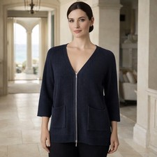 J. Jill Navy Blue Full Zip Textured Cardigan Sweater Womens Medium Petite luxury