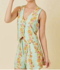 VTG 70s Style Floral Border Print 2 Piece Set Button Up Vest  Shorts Boho Sz M