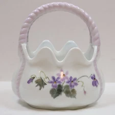 Violets Glass Basket Pastel Lavender Purple White Floral Double Twist Handle