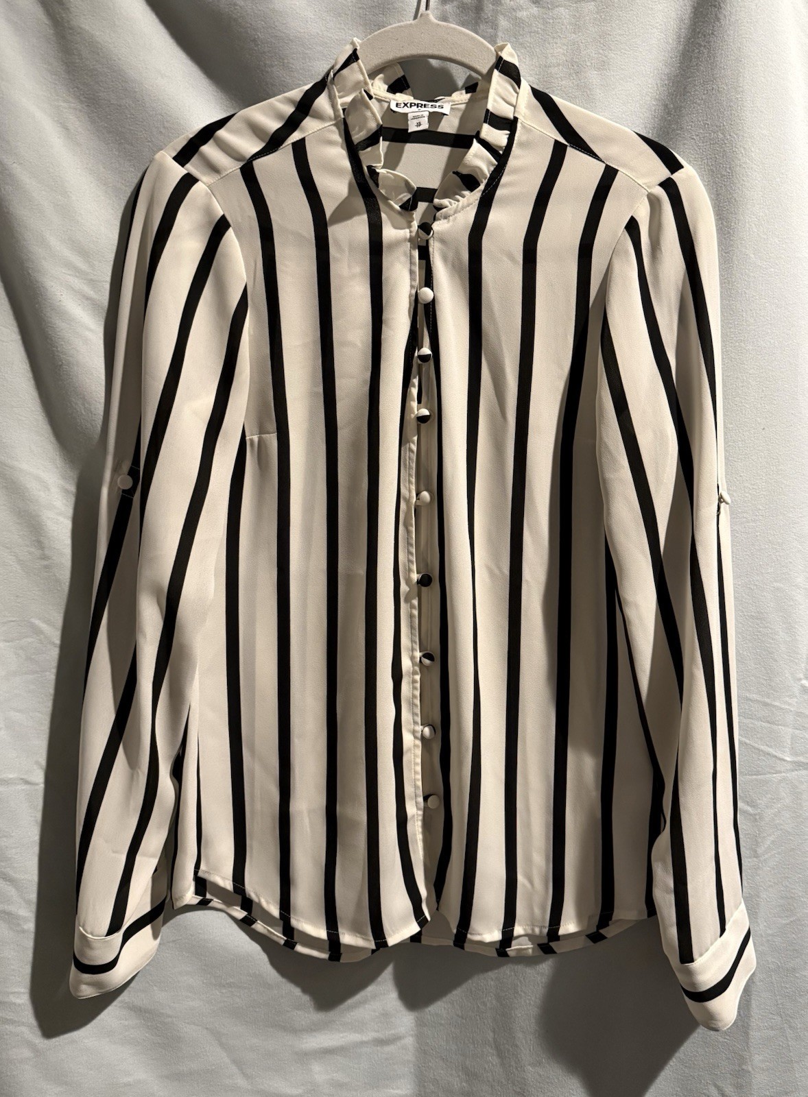 Express Striped Ruffle Neck Button Front Satin Bl… - image 4