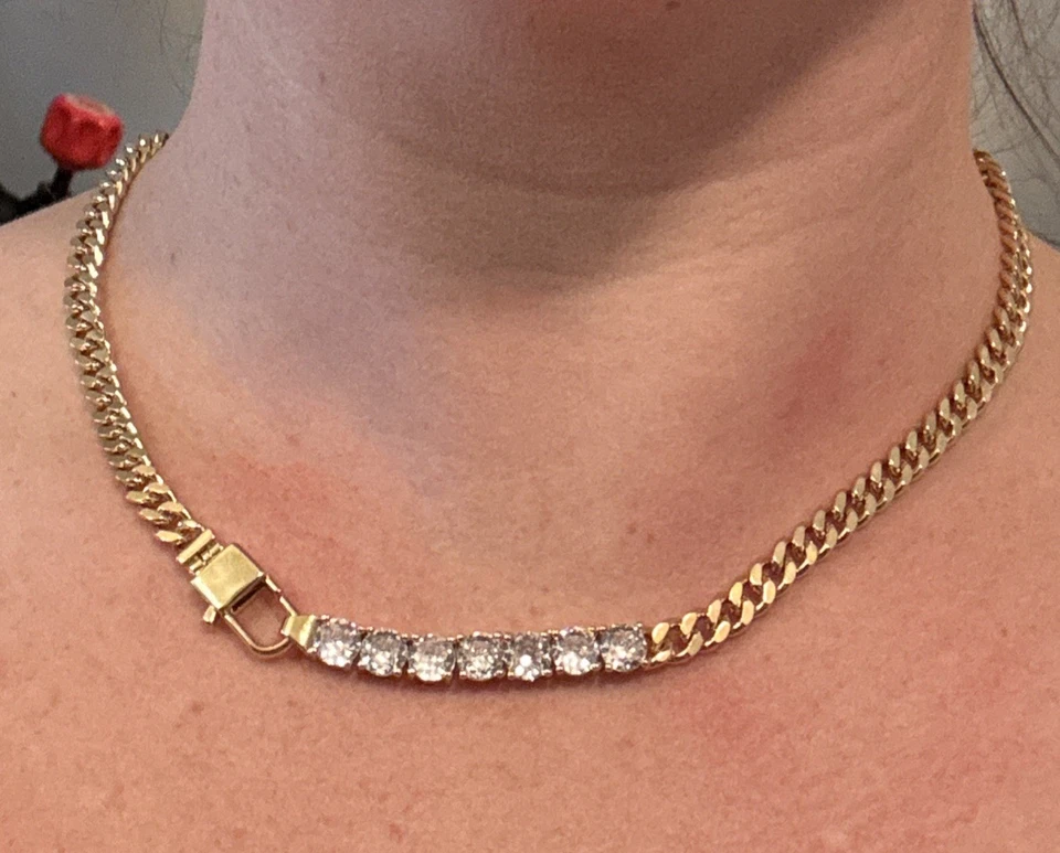 "Collar de eslabones cubanos enchapados en oro de 18 quilates y corte redondo circonita cúbica 18""" Foto 4 de 4