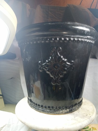 Large Black Ceramic Decorated Planter