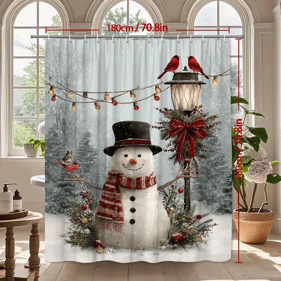 Snowman Christmas Shower Curtain with Lantern, Cardinals, Garland and Pine Decor - Image 3 of 4