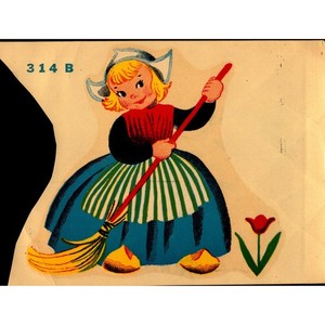 Duro 314B Vintage Child with Broom Folk Art Water Slide Decal Partial Decal