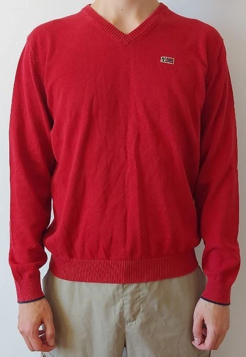 ALEXANDER MCQUEEN Napapijri Crimson Pullover Uomo Scollo a V Felpa Cotone Rosso Manica Lunga Taglia L