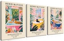 Funny Bathroom Canvas Wall Art Set of 3, Matisse Black Cat Animal Wall Decor ...