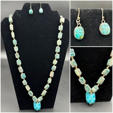 VTG Egyptian Revival Necklace Scarab Carved Soap Stone Turquoise Color Earrings