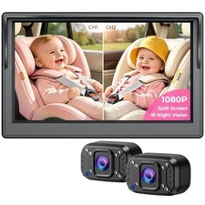 Dual Baby Car Camera Monitor 5in 1080P Split Screen 360 Swivel IR Night Vision