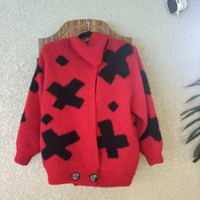 GALLERY Vintage 80's Mohair Red & Black Floating Crosses Cardigan w Scarf