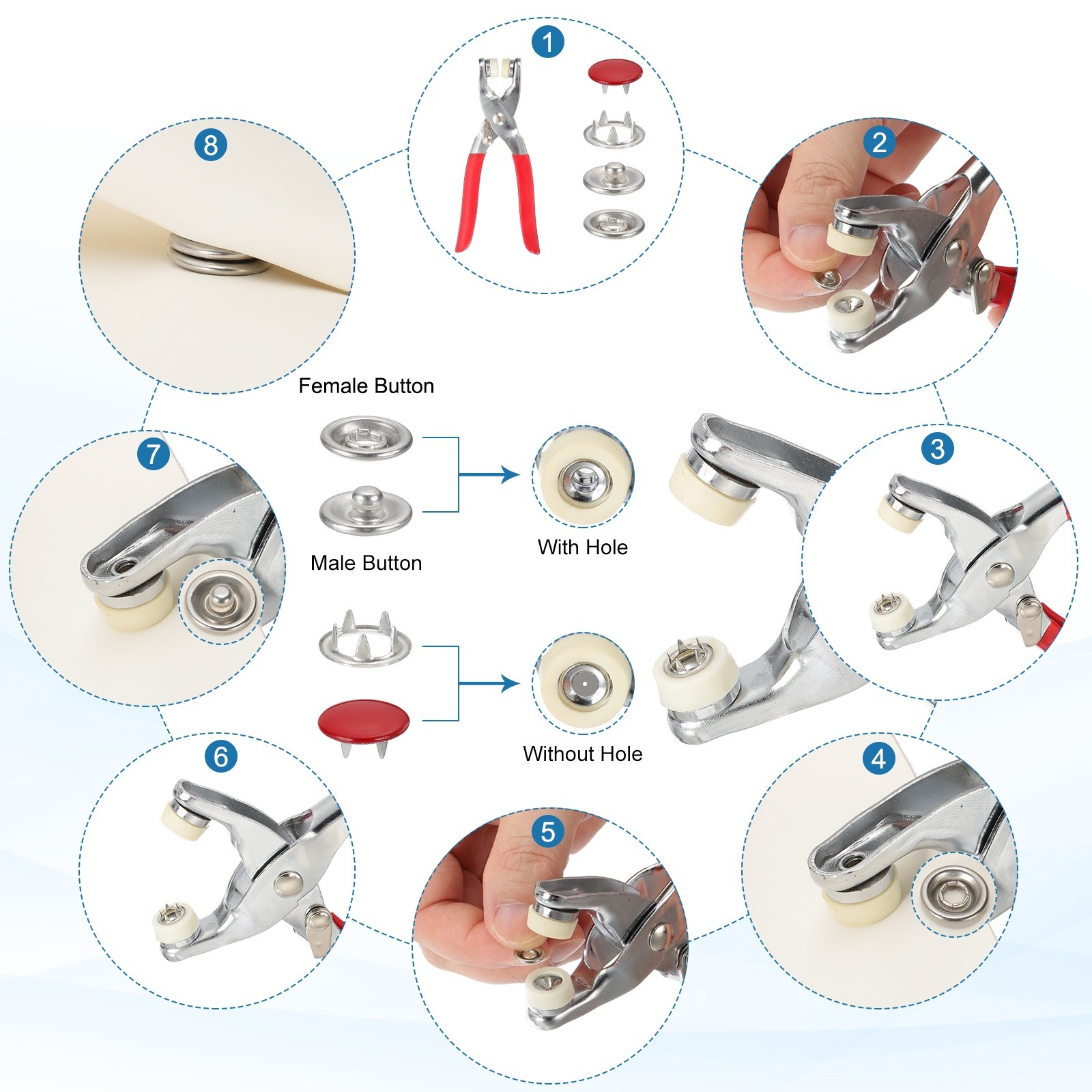 200Set Metal Snap Button Kit 9.5mm Hollow & Solid Prong Snap Button Light Blue