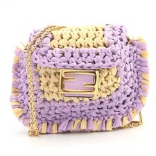 Fendi Shoulder Pouch Pico Bucket Lavender Natural Raffia Leather Metal Used Acce