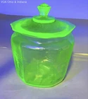 Depression Glass Uranium Green Floral Paneled Lidded Canister Jar UV Reactive