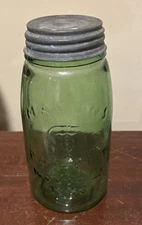 Vintage  Green Quart Mason's Patent Nov 30 1858 Canning Jar Zinc Lid H362