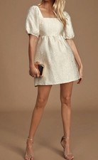 Lulus Dress M Bridal Dreamer's Wish Cream Jacquard Puff Sleeve Babydoll EUC A9