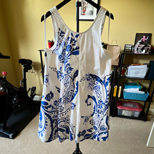 Anthropologie Scoop Neck Cotton Mini Sundress White/Blue Floral Sleeveless L