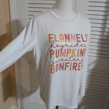 Shein Women's Medium Cream Long-Sleeved Fall-Themed Teeshirt Top 