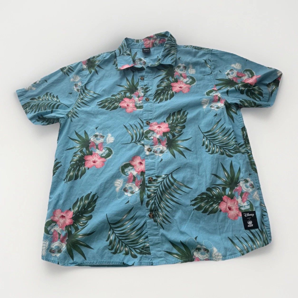 Neff Disney Mickey Mouse Blue Pink Floral Hawaiian Shirt Aloha Mens Large Resort