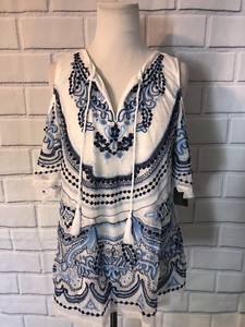 NWT-INC-International-Concepts-Cold-Shoulder-Top-Petite-Sz-S-Blue-White-Tunic