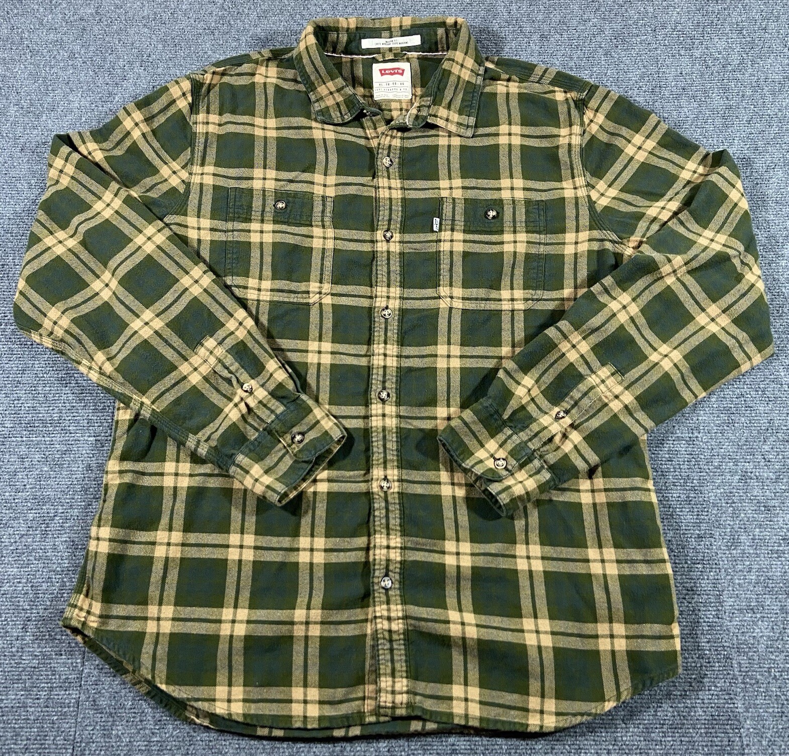 Levis Flannel Shirt Green Gold Plaid Men’s Size XL Button Up Modern Fit Outdoor-image