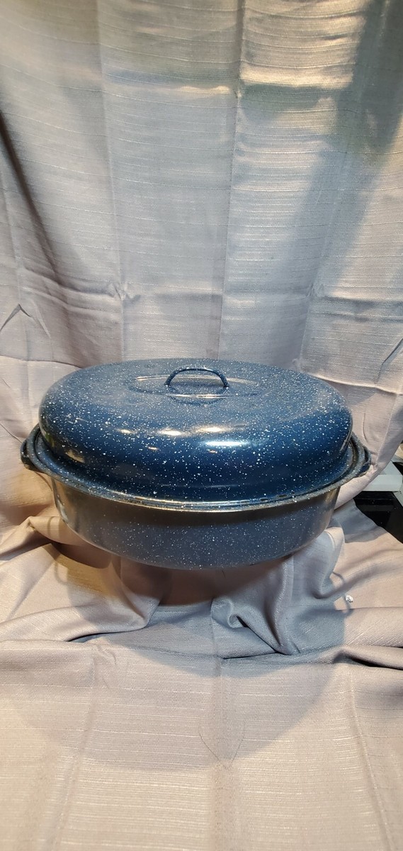 Blue enamelware vtg USA large roaster roasting pan 16x12