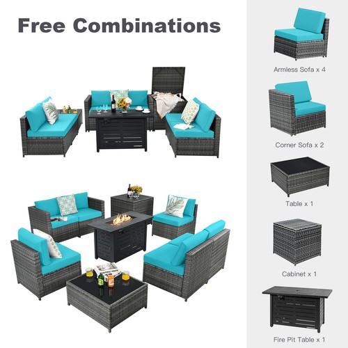 9PCS Rattan Furniture Wicker Sofa Set w/ 60,000 Btu Heater Propane Gas Fire Pit - Picture 10 of 11