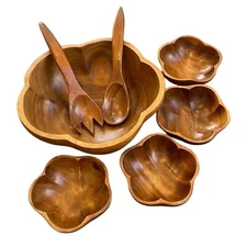 VTG Handcrafted Monkey Pod Wood Salad Bowl Set Scalloped Utensils 7-Pc Serving