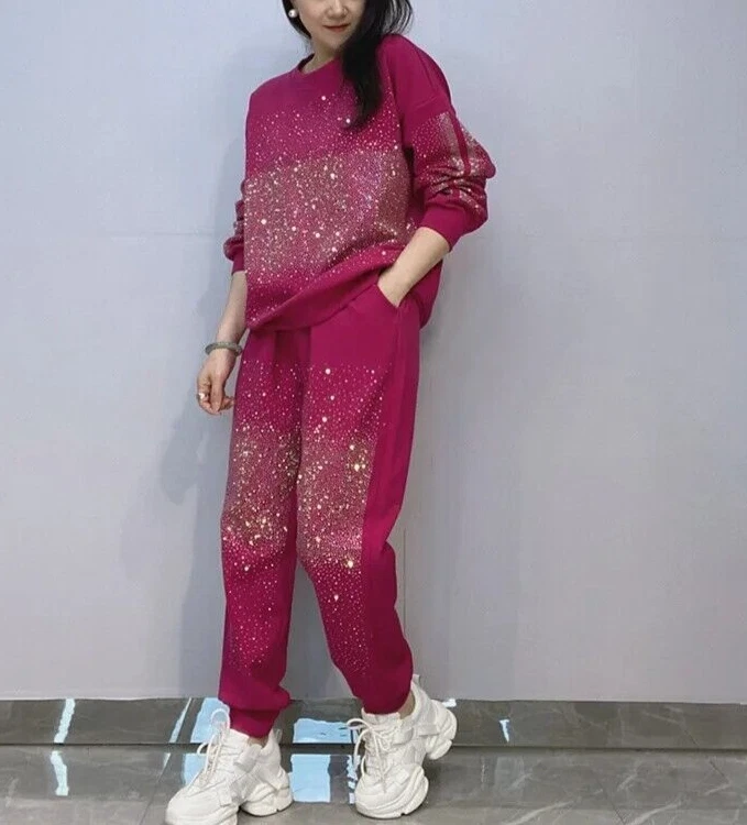 Nuevo conjunto de 2 piezas de chándal de lujo con diamantes de imitación para mujer negro blanco rosa Foto 4 de 4