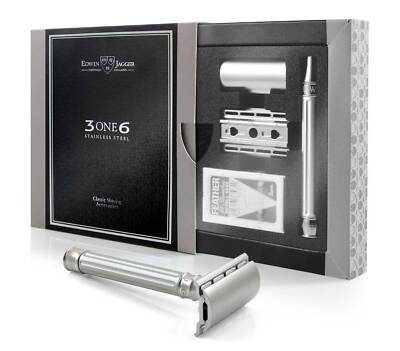 Edwin Jagger 3ONE6 DE Stainless Steel Safety Razor, Grooved, Anodised Silver, 1x