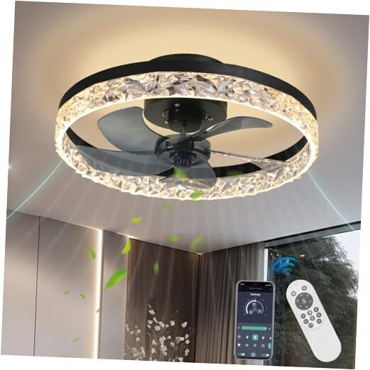 Crystal Black Flush Mount Ceiling Fan with Lights 19.7 Inch